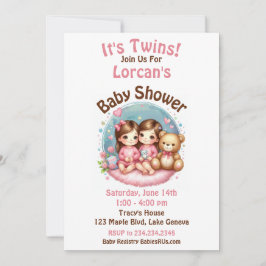 Invitación Cute Twin Chica Baby Shower Watercolor Teddy Bear