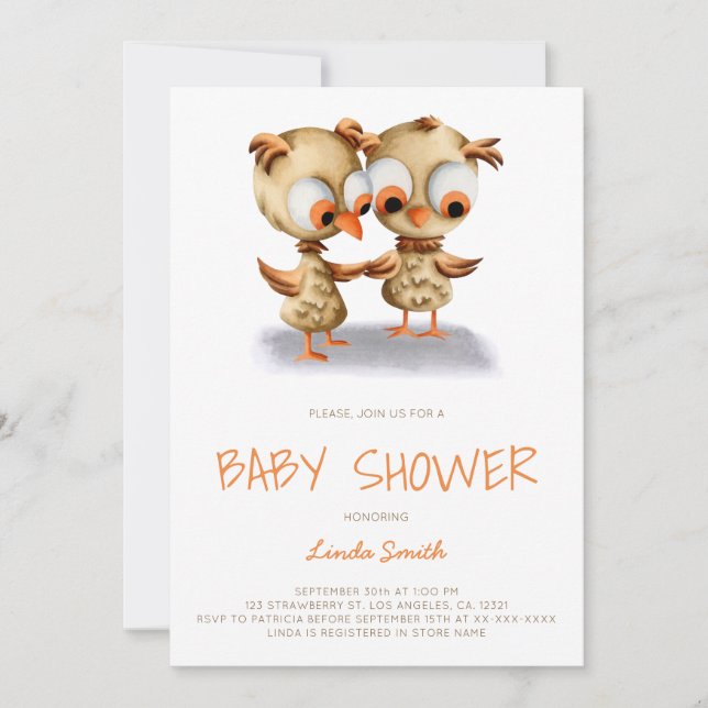 Invitación Cute Twin Owls Baby Shower (Anverso)