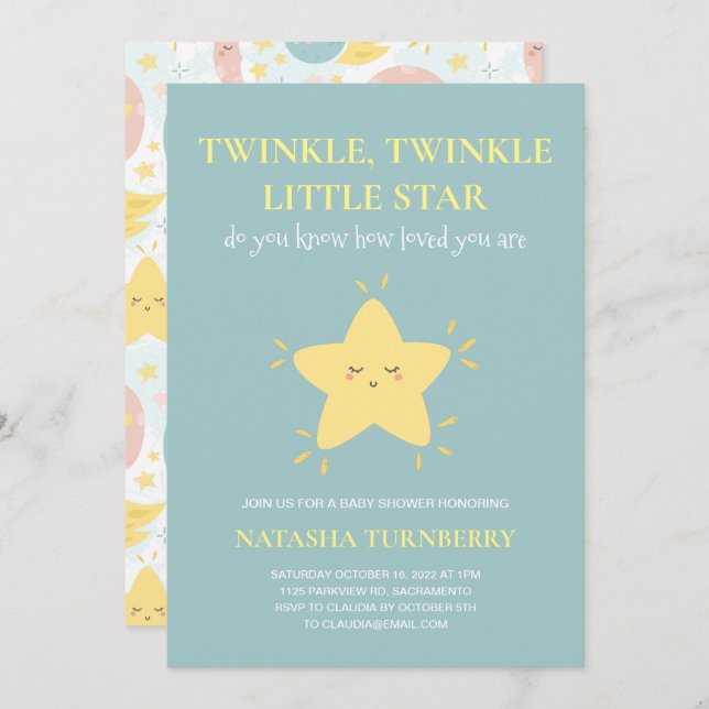Invitación Cute Twinkle Little Star Blue Yellow Baby Shower (Anverso / Reverso)