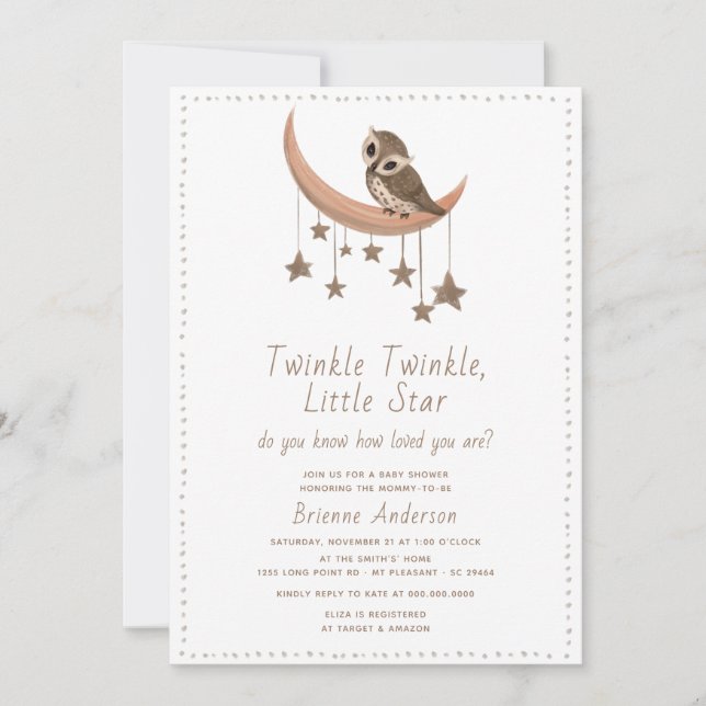 Invitación Cute Twinkle Little Star Moon Rustic Baby Shower (Anverso)