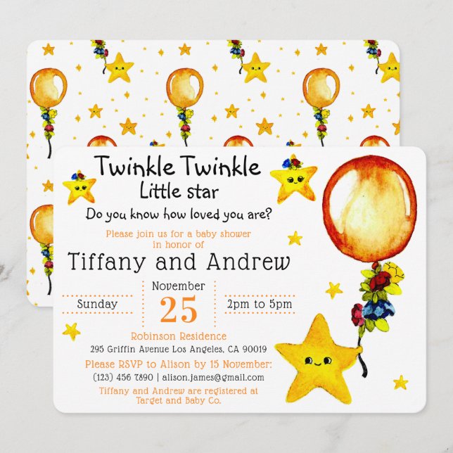 Invitación Cute Twinkle Twinkle Little Star Co-ed Baby Shower (Anverso / Reverso)