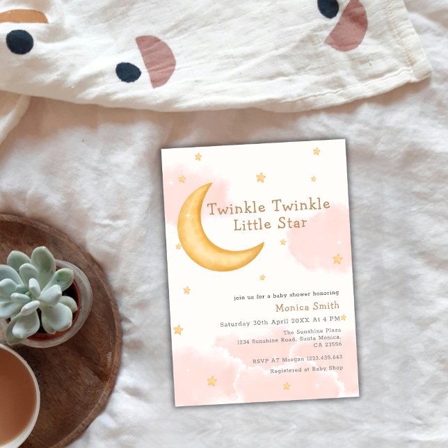 Invitación Cute Twinkle Twinkle Moon Stars Chica Baby Shower (Cute Twinkle Twinkle Moon Stars Girl Baby Shower Invitation)