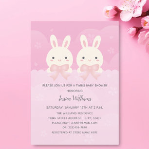 Invitación Cute Twins Baby Girl Bunny Tema Baby Shower