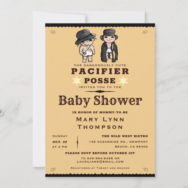 Invitación Cute Twins Pacifier Posse Western Baby Shower (Anverso)
