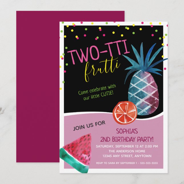 Invitación Cute Two-tti Frutti Second Birday Party (Anverso / Reverso)