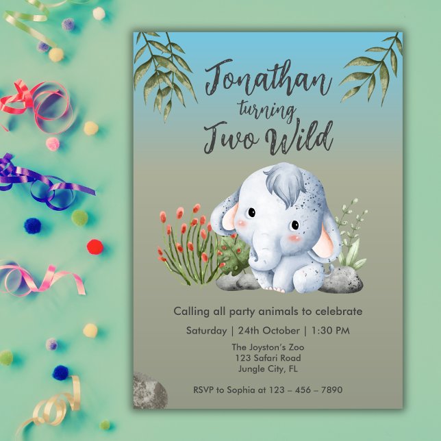 Invitación Cute Two Wild Safari Elephant Kids 2nd Birthday (Subido por el creador)