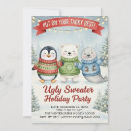 Invitación Cute Ugly Sweater Holiday Party Penguin Polar Bear