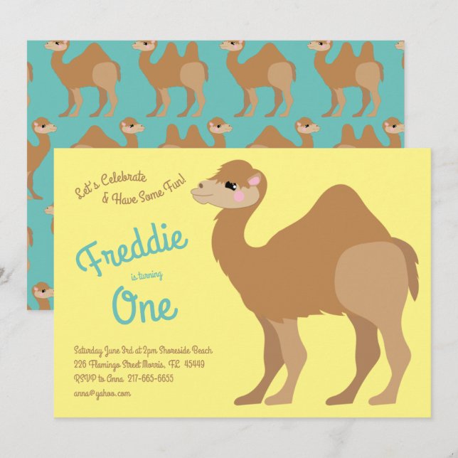 Invitación Cute un hump niños de camello primer Fiesta de cum (Anverso / Reverso)