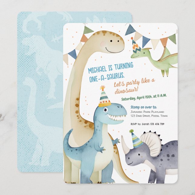 Invitación Cute un niño saurus 1 Fiesta dinomita (Anverso / Reverso)