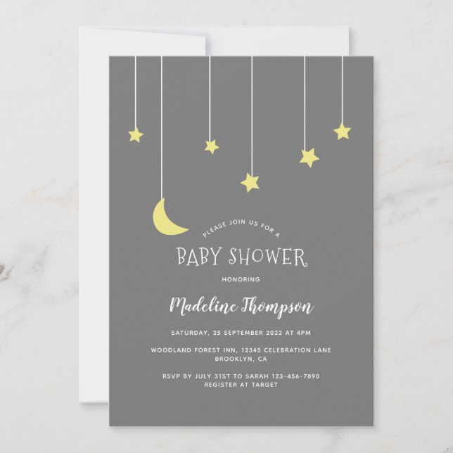 Invitación Cute Under the Moon Star Neutral Gray Baby Shower (Anverso)