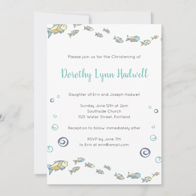 Invitación Cute Under the Sea Fish Baptism Christening (Anverso)