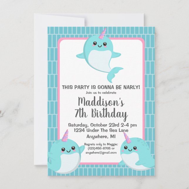 Invitación Cute Under the Sea Narwhal Birthday (Anverso)