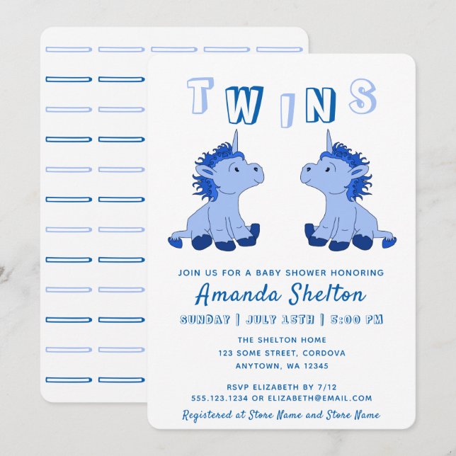 Invitación Cute Unicorn Blue Twins Boys Baby Shower (Anverso / Reverso)