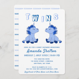 Invitación Cute Unicorn Blue Twins Boys Baby Shower