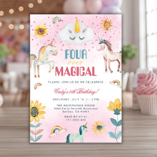 Invitación Cute Unicorn Cuatro Magico Cumpleaños 4º Fiesta de