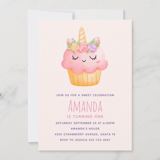 Invitación Cute Unicorn de Cupcake Rosa con Rosas Cumpleaños (Anverso)
