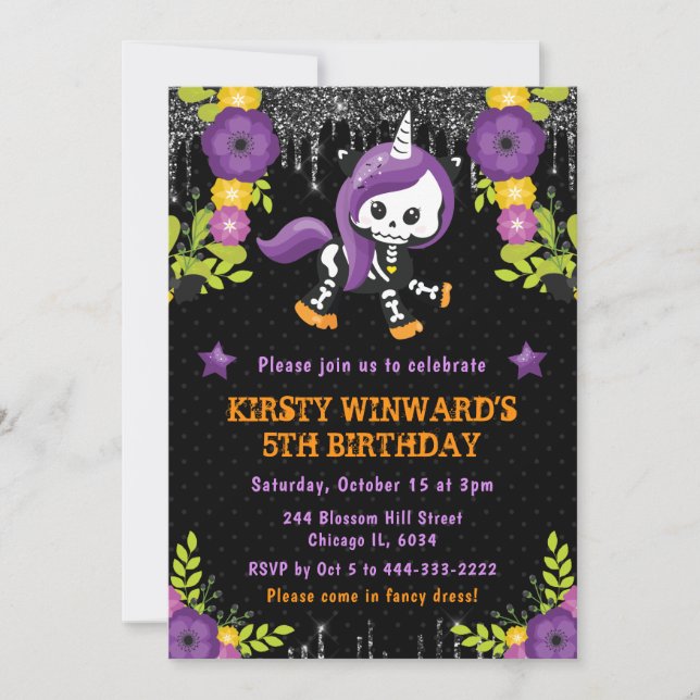 Invitación Cute Unicorn Floral Halloween Cumpleaños (Anverso)