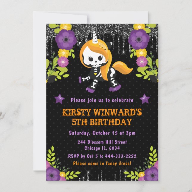 Invitación Cute Unicorn Floral Halloween Cumpleaños (Anverso)