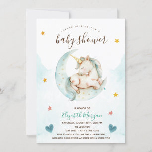 Invitación Cute Unicorn Luna Estrellas Corazones Baby Shower 