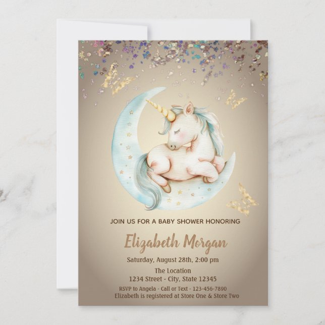 Invitación Cute Unicorn Moon Butterfly Confetti Baby Shower (Anverso)