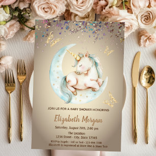 Invitación Cute Unicorn Moon Butterfly Confetti Baby Shower