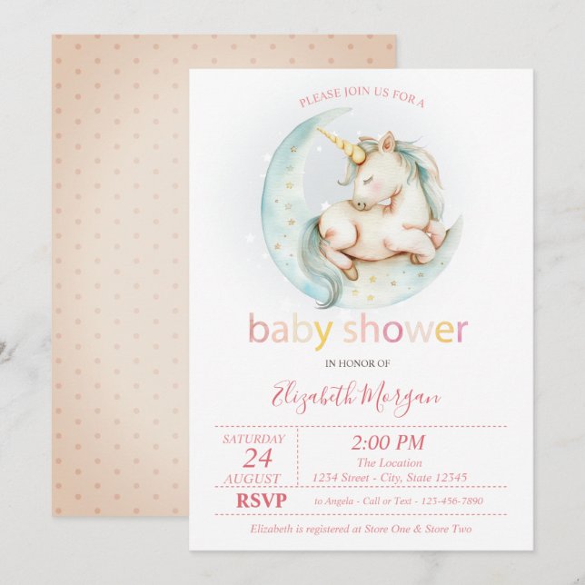 Invitación Cute Unicorn Moon Dotated Baby Shower (Anverso / Reverso)