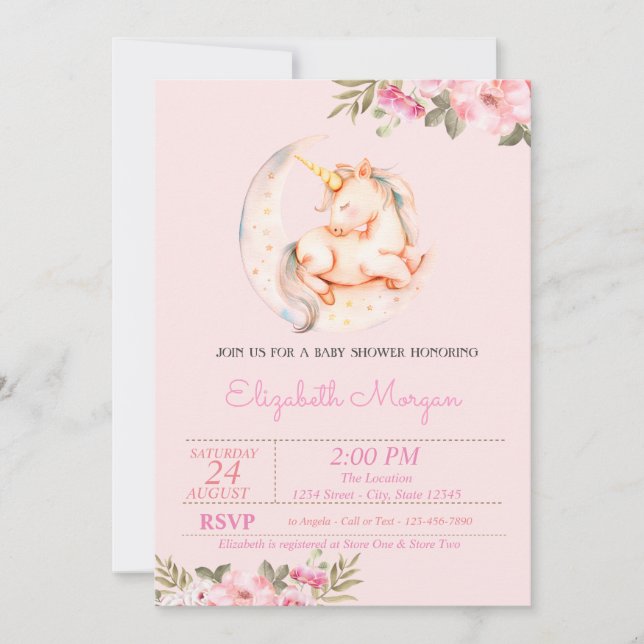 Invitación Cute Unicorn Moon Floral Baby Shower (Anverso)