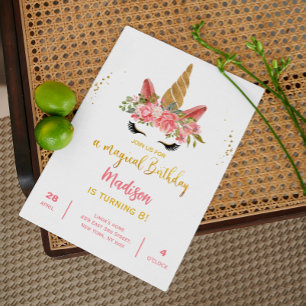 Invitación Cute Unicorn Pink Gold acuarela Fiesta de cumpleañ