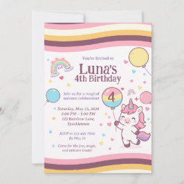 Invitación Cute Unicorn Rainbow Girl 4th Birthday Party