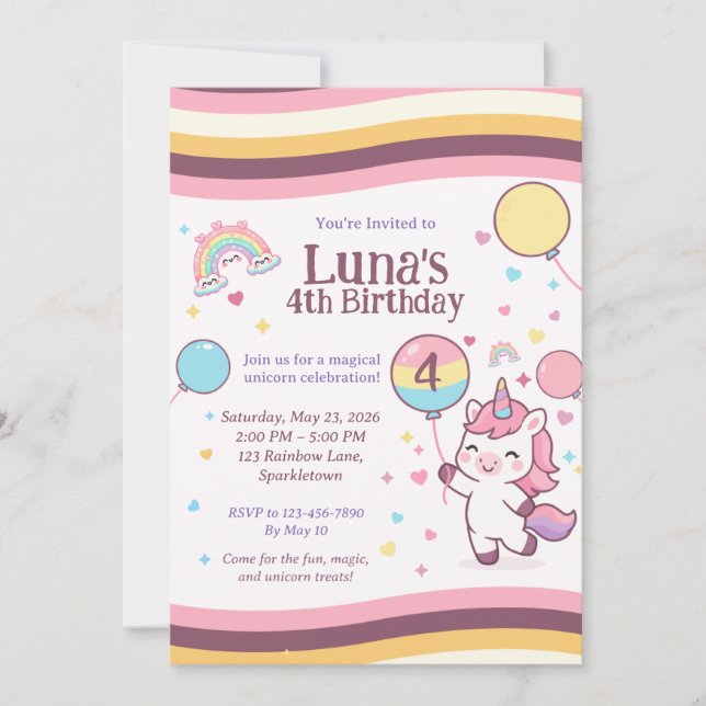Invitación Cute Unicorn Rainbow Girl 4th Birthday Party (Anverso)