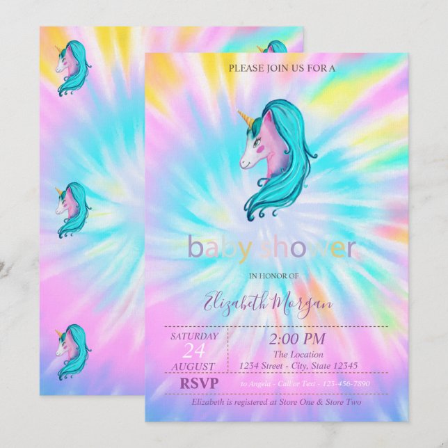 Invitación Cute Unicorn Stars Tie Dye Baby Shower (Anverso / Reverso)