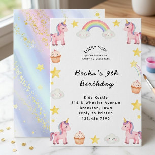 Invitación Cute Unicornio Arcoíris Acuarela Afortunado Tú