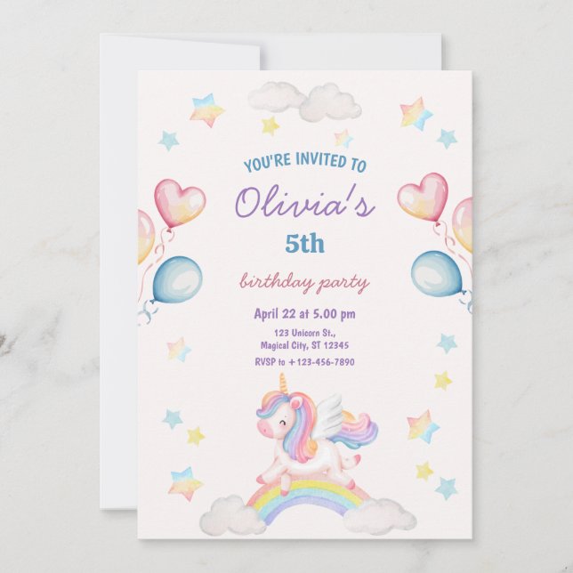 Invitación Cute Unicornio de Cuento de Hadas Mágico Arcoíris  (Anverso)