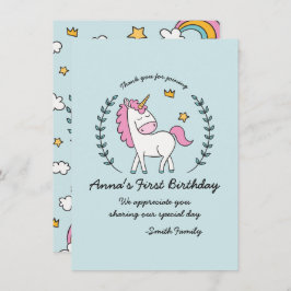Invitación Cute unicornio en las risas. Cumpleaños. Gracias.