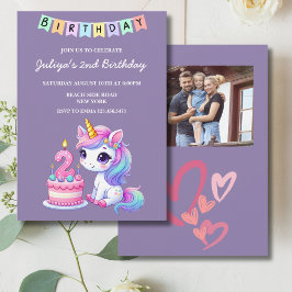 Invitación Cute unicornio foto púrpura de 2º cumpleaños