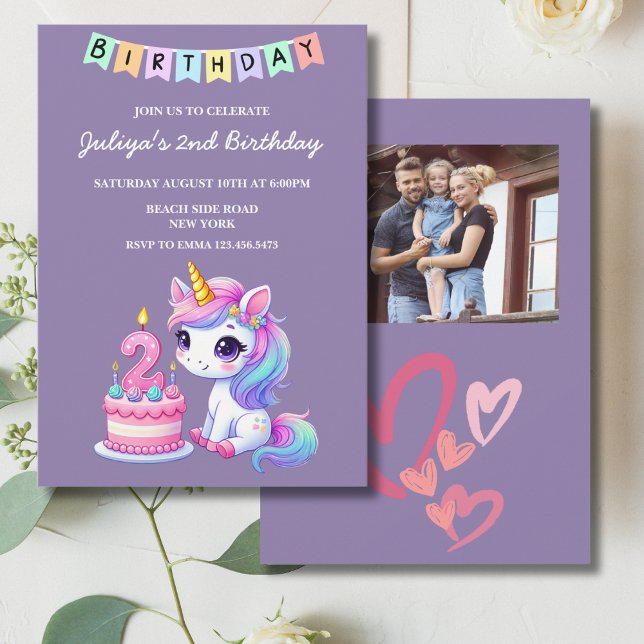 Invitación Cute unicornio foto púrpura de 2º cumpleaños (Subido por el creador)