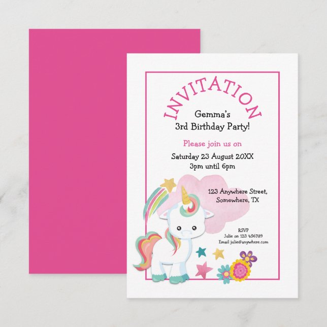 Invitación Cute Unicornio Pink Young Birday Party (Anverso / Reverso)