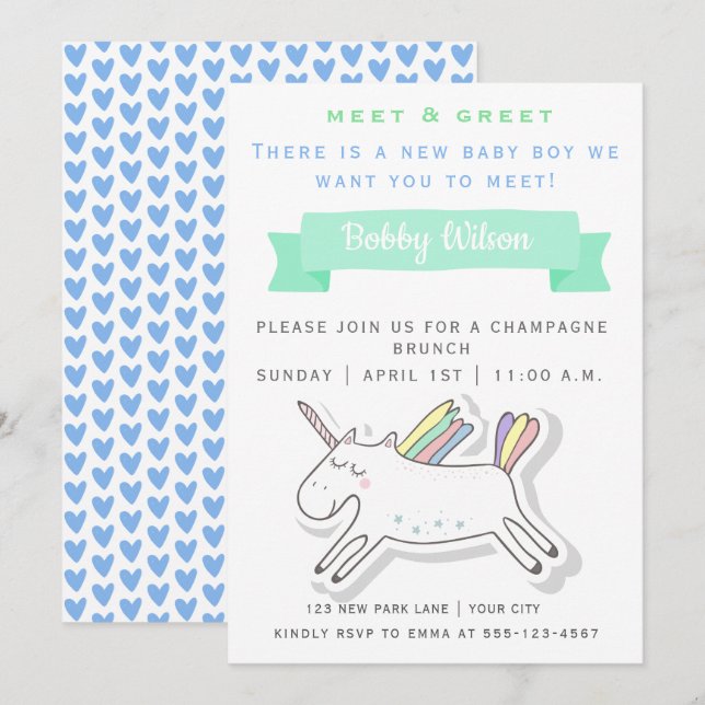 Invitación Cute unicornio | Reunión y Recién nacido de bienve (Anverso / Reverso)