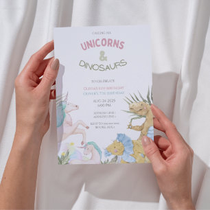 Invitación Cute unicornios y dinosaurios hermanos de cumpleañ