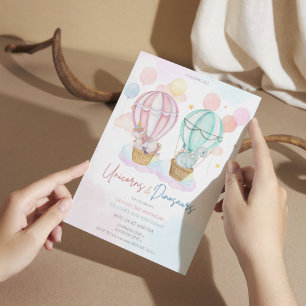 Invitación Cute unicornios y dinosaurios hermanos de cumpleañ