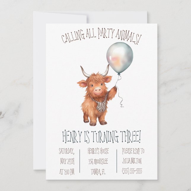 Invitación Cute vaca Highland con fiesta de cumpleaños con gl (Anverso)