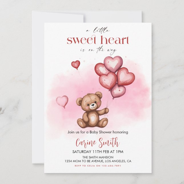Invitación Cute Valentine's Day Baby Shower Bear Hearts  (Anverso)