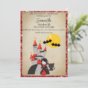 Invitación Cute Vampire Girl y Castillo Embrujado Halloween
