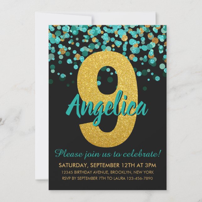 Invitación Cute Verde azulado Purpurina de oro negro Confetti (Anverso)
