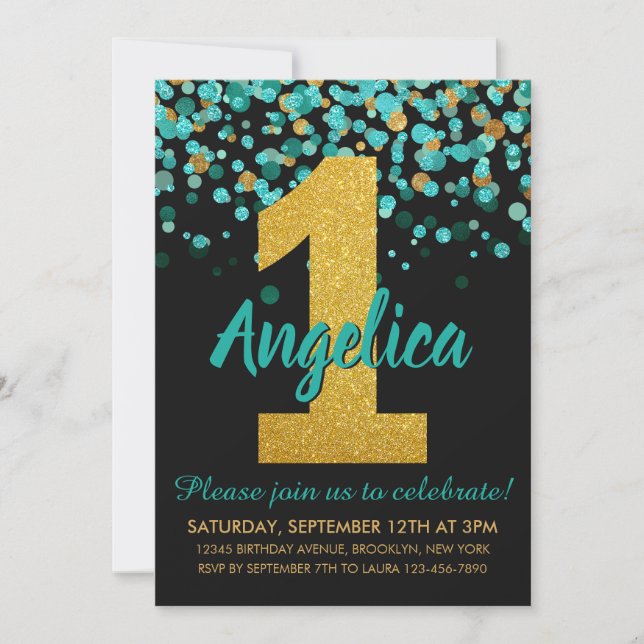 Invitación Cute Verde azulado Purpurina de oro negro Confetti (Anverso)