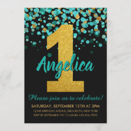 Invitación Cute Verde azulado Purpurina de oro negro Confetti