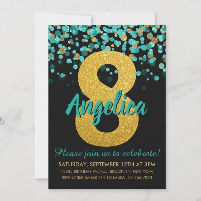Invitación Cute Verde azulado Purpurina de oro negro Confetti (Anverso)