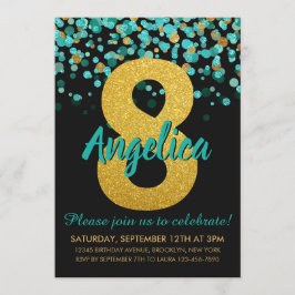 Invitación Cute Verde azulado Purpurina de oro negro Confetti