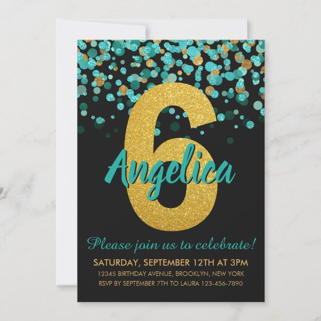 Invitación Cute Verde azulado Purpurina de oro negro Confetti (Anverso)