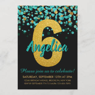 Invitación Cute Verde azulado Purpurina de oro negro Confetti